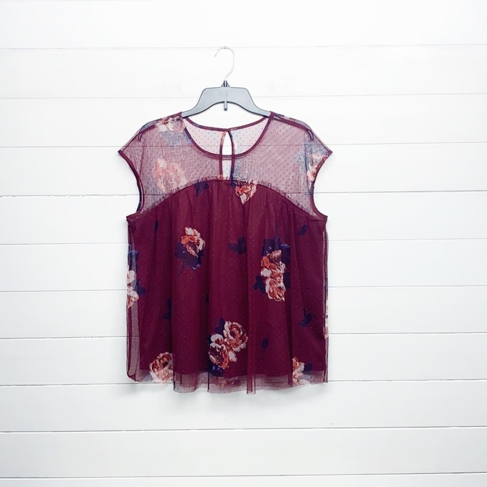 🌿Final Sale‎ Maurices Floral Maroon Tulle Top